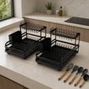 Escorredor 3 em 1 de Aço Inoxidável Multifuncional com Alças Dobráveis e Base Antiderrapante + BRINDE: Kit de Utensílios de Cozinha.